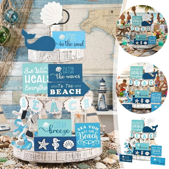 Nautical Beach Tiered Tray Decor Set Coastal Summer Wooden Signs For Tabletop Home Decor Use
