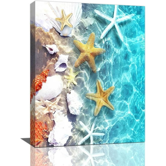 Nautical Beach Wall Art Ocean Starfish Seashell Pictures Wall Decor Blue Ocean Coastal Canvas Print Painting Framed Modern Home Artwork For Bathroom Living Room Bedroom Office 12"x16"