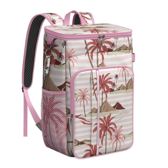 Nautical Beachy Backpack Cooler, Leakproof Insulated Tropical Island Cooler Bag with Sunset Palm Tree Print for Travel & Picnic