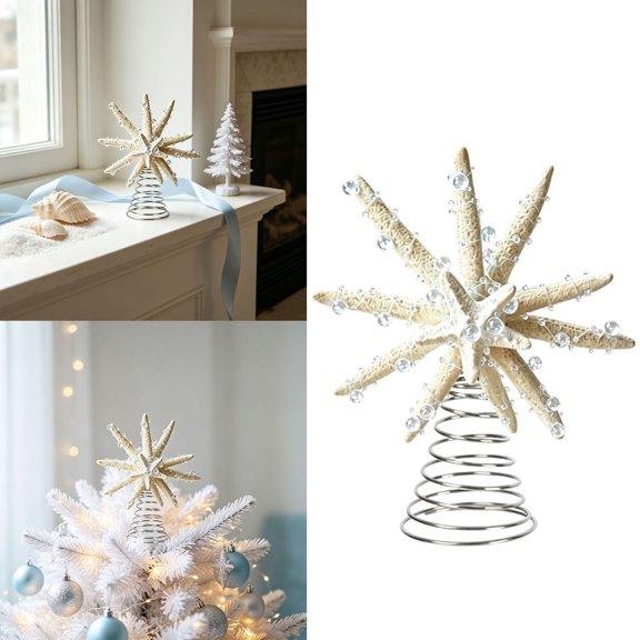 Nautical Beaded Starfish Tree Topper Coastal Decor Christmas Tree Top Ornament Tabletop Display Accessory