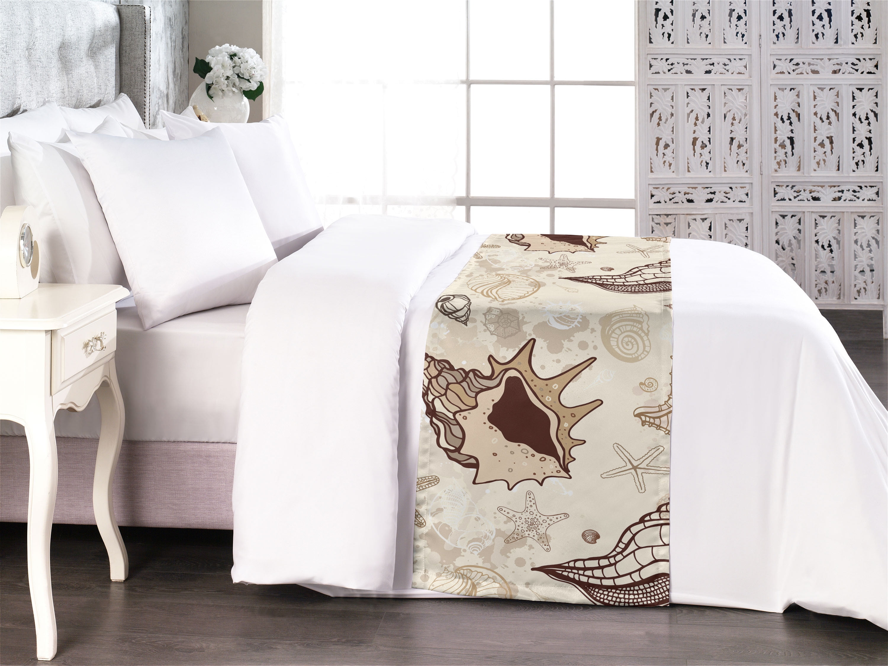 Nautical Bed Runner, Beach Vibe Seashell and Starfish Pattern on Cream