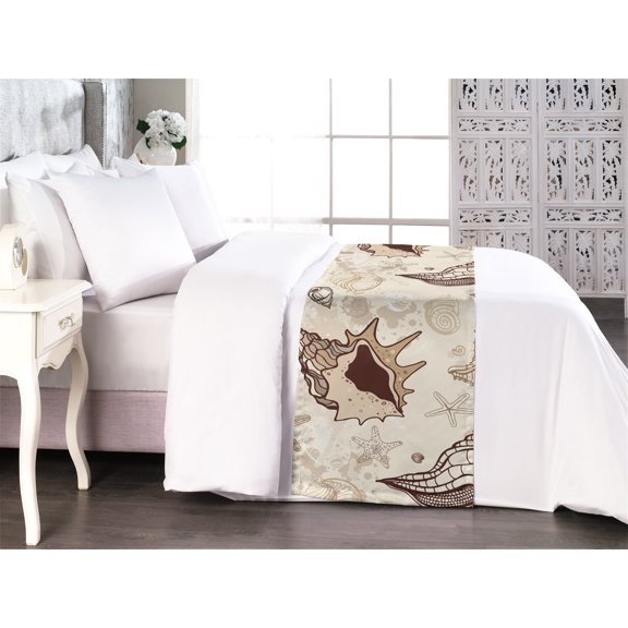 Nautical Bed Runner, Beach Vibe Seashell and Starfish Pattern on Cream Boho Backdrop Print, Decorative Accent Bedding Scarf for Hotels Homes & Guest Rooms, Queen, Brown Dark Mustard Tan, by Ambesonne