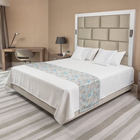 Nautical Bed Runner, Pastel Toned Sea Shell Starfish Mollusk Seahorse Coral Reef Motif Design, Decorative Accent Bedding Scarf for Hotels Homes and Guestrooms, Tan Turquoise White, by Ambesonne