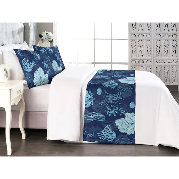 Nautical Bed Runner Set, Cartoon Style Corals Seaweeds Repetitive Retro Illustration Art, Decorative Bedding Scarf & 2 Pillow Shams for Hotels Homes, Queen, Dark Lavender and Sea Blue, by Ambesonne