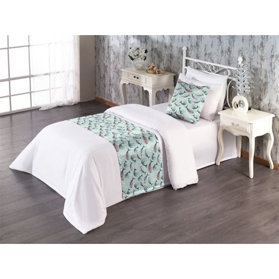 Nautical Bed Runner Set, Pastel Sketchy Whales Swimming in the Ocean Marine Style Artwork, Decorative Bedding Scarf & a Pillow Sham for Hotels Homes, Twin, Mint Green Indigo and Rose, by Ambesonne