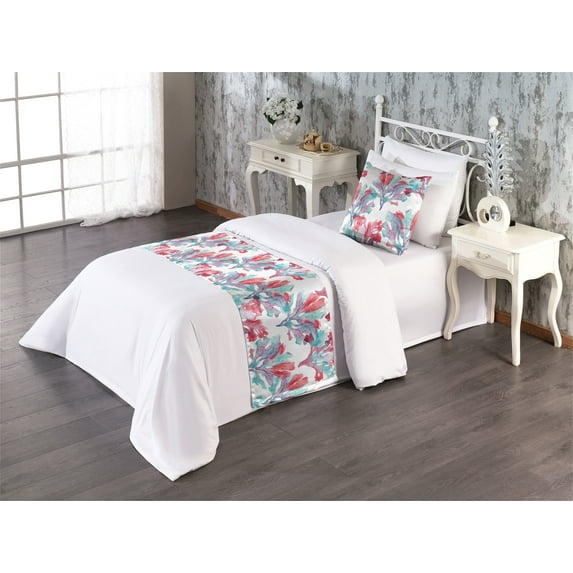 Nautical Bed Runner Set, Watercolor Style Repetitive Corals Illustration on Plain Back Art, Decorative Bedding Scarf & a Pillow Sham for Hotels Homes, Twin, Dark Salmon and Pale Blue, by Ambesonne