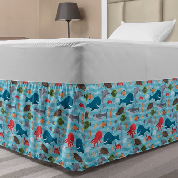 Nautical Bed Skirt, Nursery Theme Doodle Smiling Sea Creatures as Sea Turtle Dolphin and Whale Print, Elastic Bedskirt Dust Ruffle Wrap Around for Bedding Decor, 4 Sizes, Multicolor, by Ambesonne