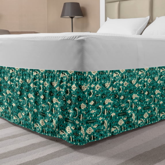 Nautical Bed Skirt, Underwater Animal Composition with Hand Drawn Silhouettes of Fish, Elastic Bedskirt Dust Ruffle Wrap Around for Bedding Decor, 4 Sizes, Teal Dark Teal and Cream, by Ambesonne