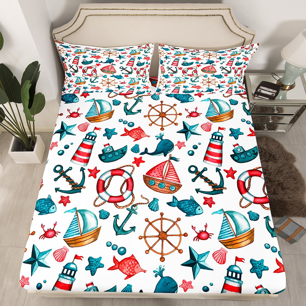Nautical Bed Sheets Retro Sailboat Bedding Set Boat Anchor Fitted Sheet