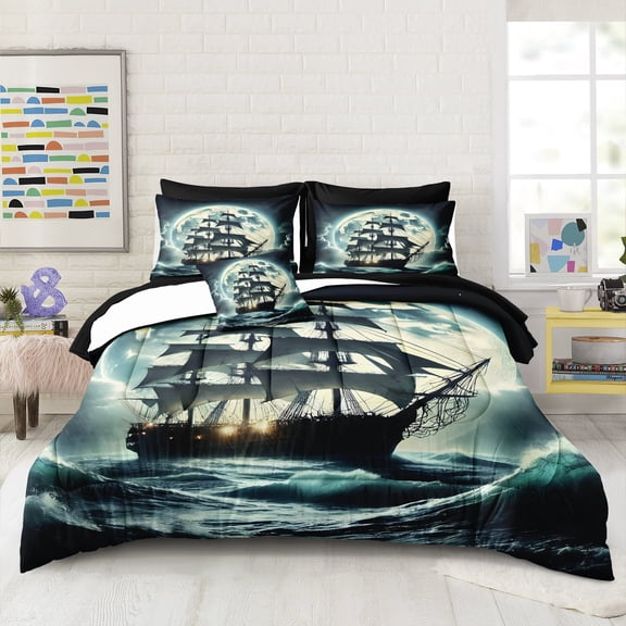 Nautical Bedding Set Dreamy Ocean Comforter Set 8 Pieces Moonlight Galaxy Queen Size Bed in a Bag Fantasy Vintage Sailing Adventure Theme Bedding Quilt Set for All Seasons with 1 Comforter 4 Pillowca
