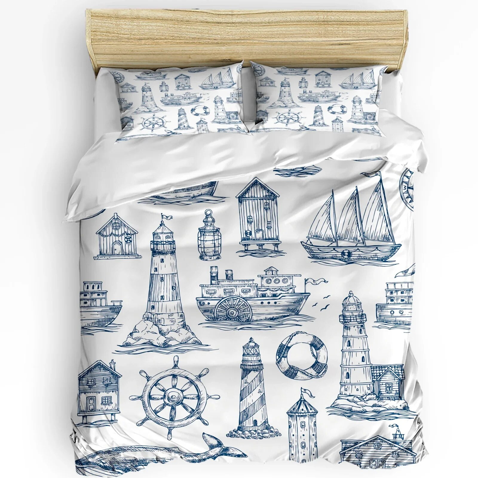 Nautical Bedding Set For Bedroom Bed Home Sea Objects on Wooden Backdrop with Vintage Boa Duvet