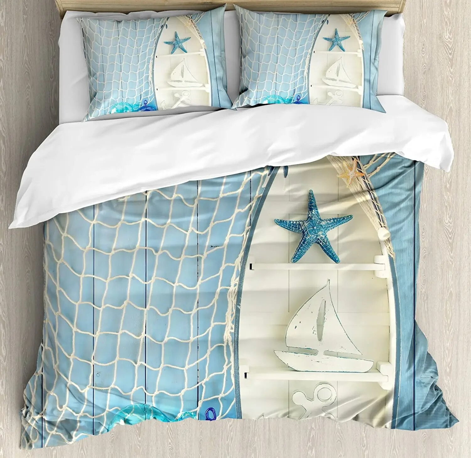 Nautical Bedding Set For Bedroom Bed Home Sea Objects on Wooden Backdrop with Vintage Boa Duvet