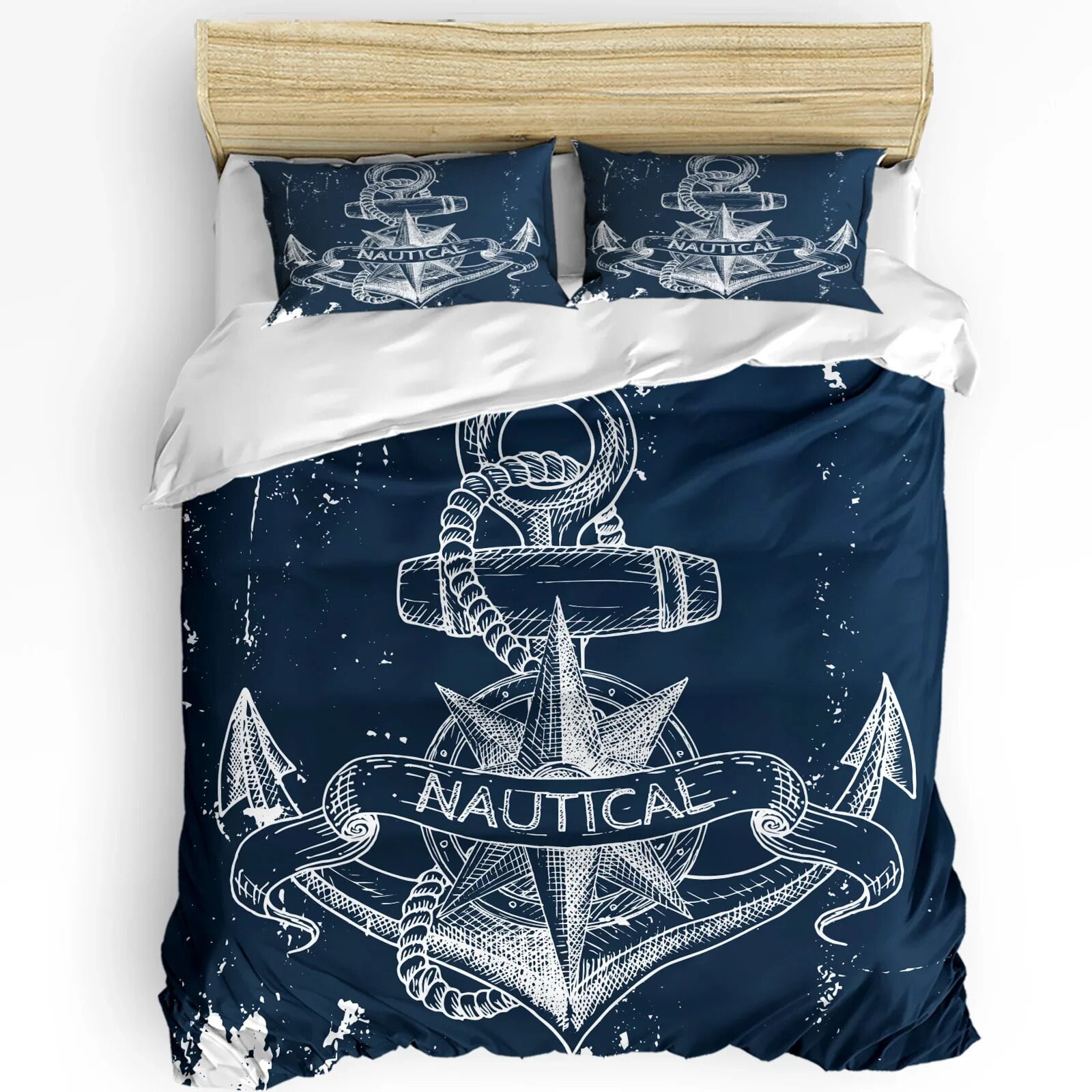 Nautical Bedding Set For Bedroom Bed Home Sea Objects on Wooden Backdrop with Vintage Boa Duvet