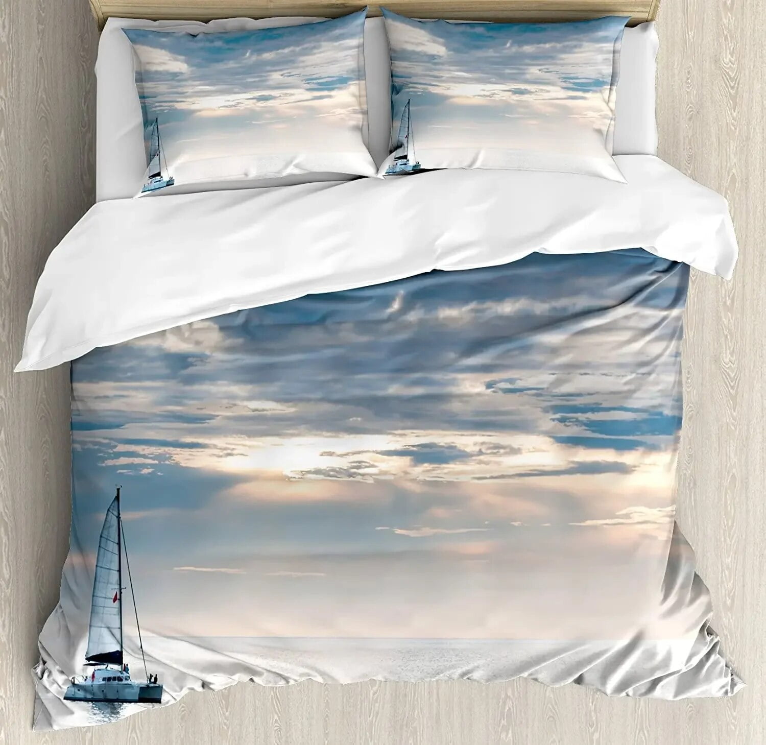 Nautical Bedding Set For Bedroom Bed Home Sea Objects on Wooden Backdrop with Vintage Boa Duvet