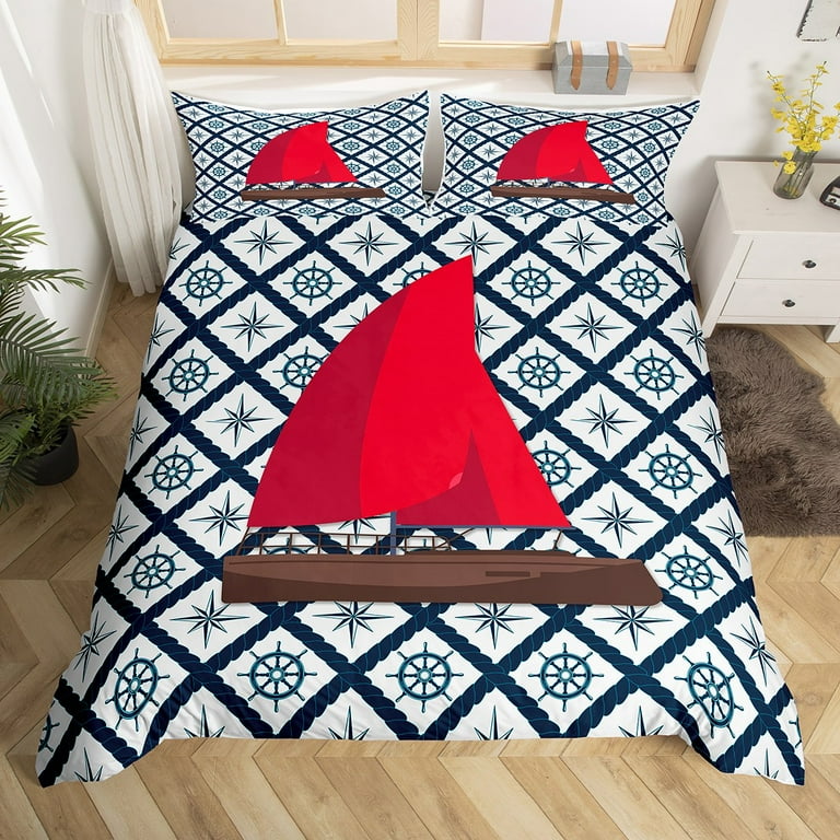 Nautical Bedding Set Queen Red Cartoon Sailboat Duvet Cover for Kids Girls Teens Navy Blue Plaid Grid Comforter Cover Vintage Compass Rudder