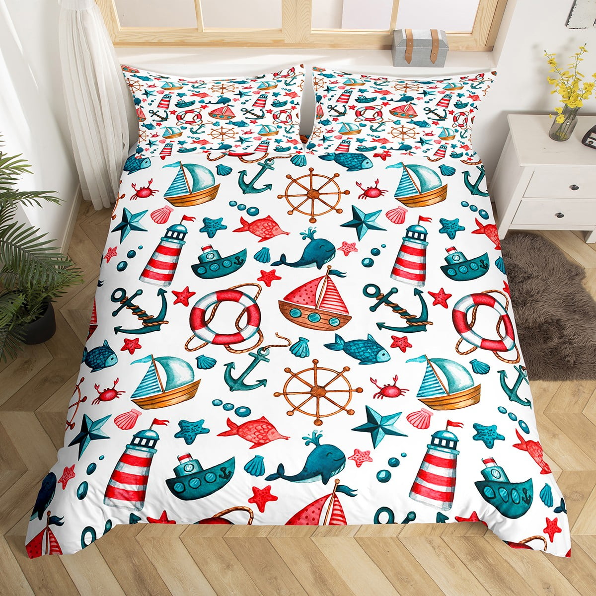 Nautical Bedding Set Retro Sailboat Comforter Cover Boat Anchor Duvet