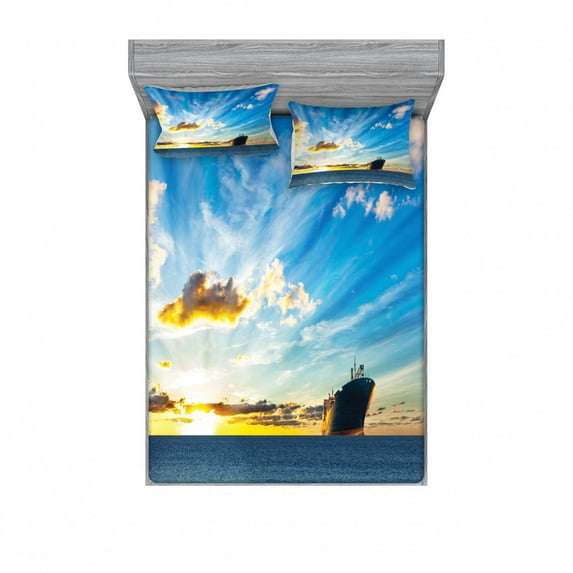 Nautical Bedding Set with Sheet & Covers, Scenic Dreamy Sky View with Big Commercial Ship in the Ocean Leads to the Urban Harbor, Printed Bedroom Decor 2 Shams, 4 Sizes, Blue, by Ambesonne