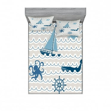 Nautical Bedding Set with Sheet & Covers, Wave Pattern Marine Elements Octopus Crab Starfish Whale Art, Printed Bedroom Decor 2 Shams, 4 Sizes, Beige Blue White, by Ambesonne