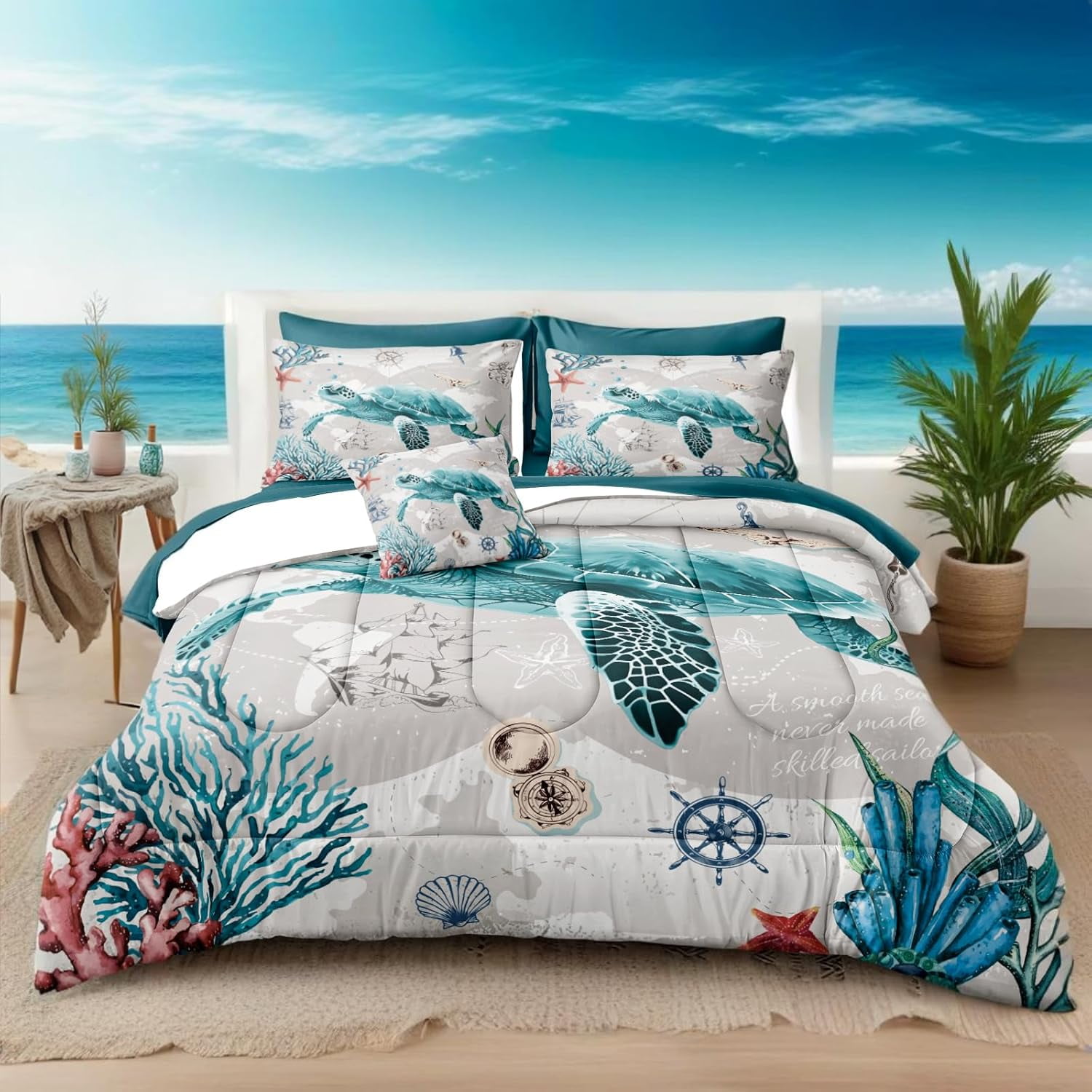 Nautical Bedding Set Turtle Comforter Set Queen/King Size Beach — free download
