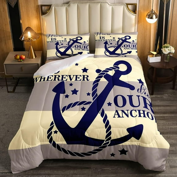 Nautical Bedding Sets King for Teen Navy Blue Anchor Comforter Set Retro Yellow and Grey Geometric Stripe Comforter Coastal Ocean Beach Quilts Bedding Summer Soft Lightweight Duvet 3 Pcs