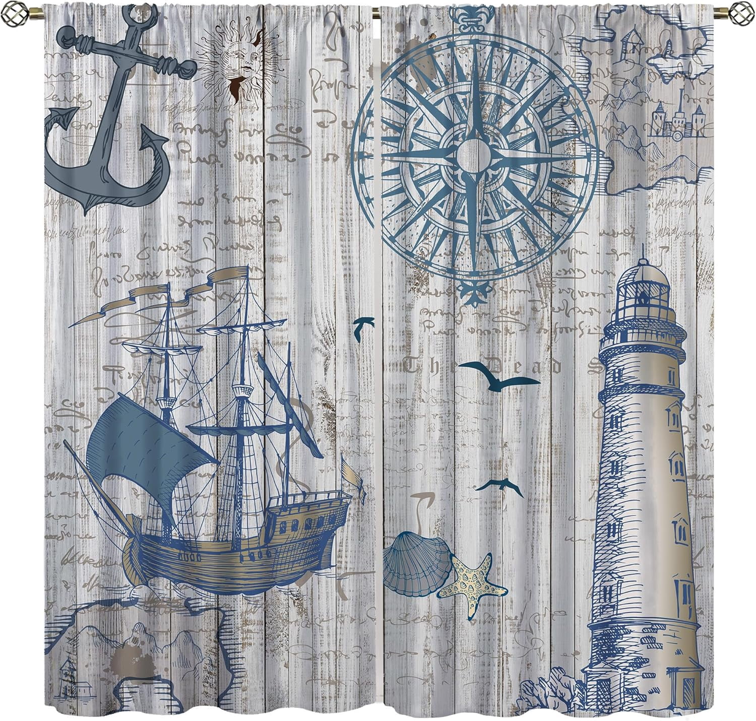 Nautical Bedroom Curtain,Retro Sailboat Lighthouse Compass Anchor ...