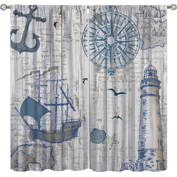 Nautical Bedroom Curtain,Retro Sailboat Lighthouse Compass Anchor Farmhouse Wooden Background Design Blackout Window Treatment Fabric 21x63in,2 Panel Set