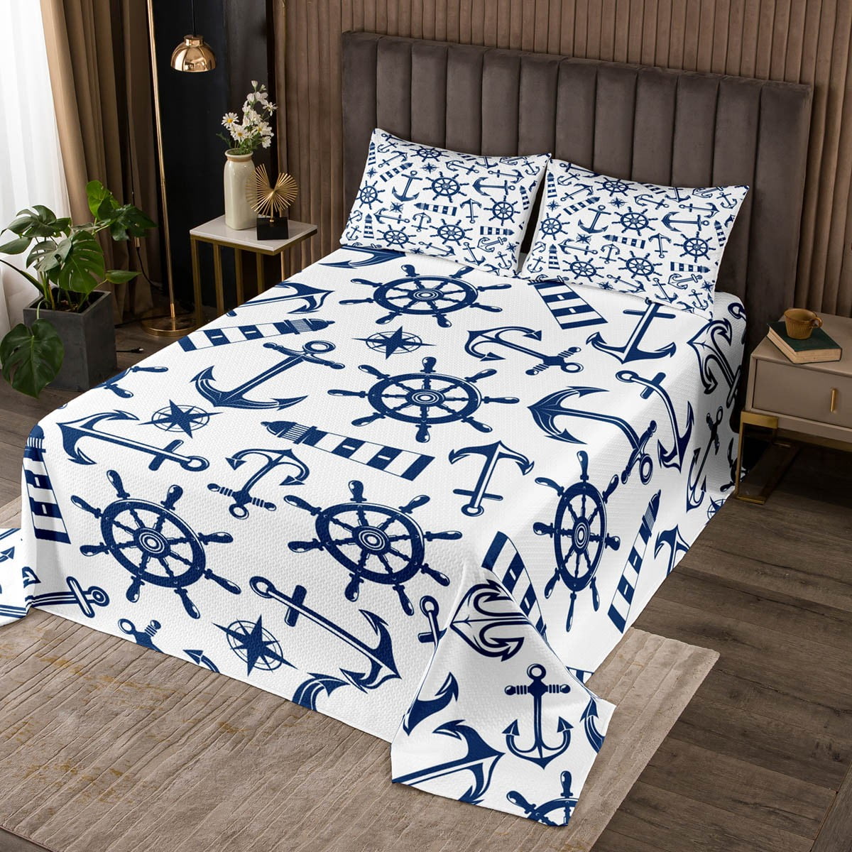 Nautical Bedspread Set Boat Anchor Quilt Set Queen for Boys Kids Child