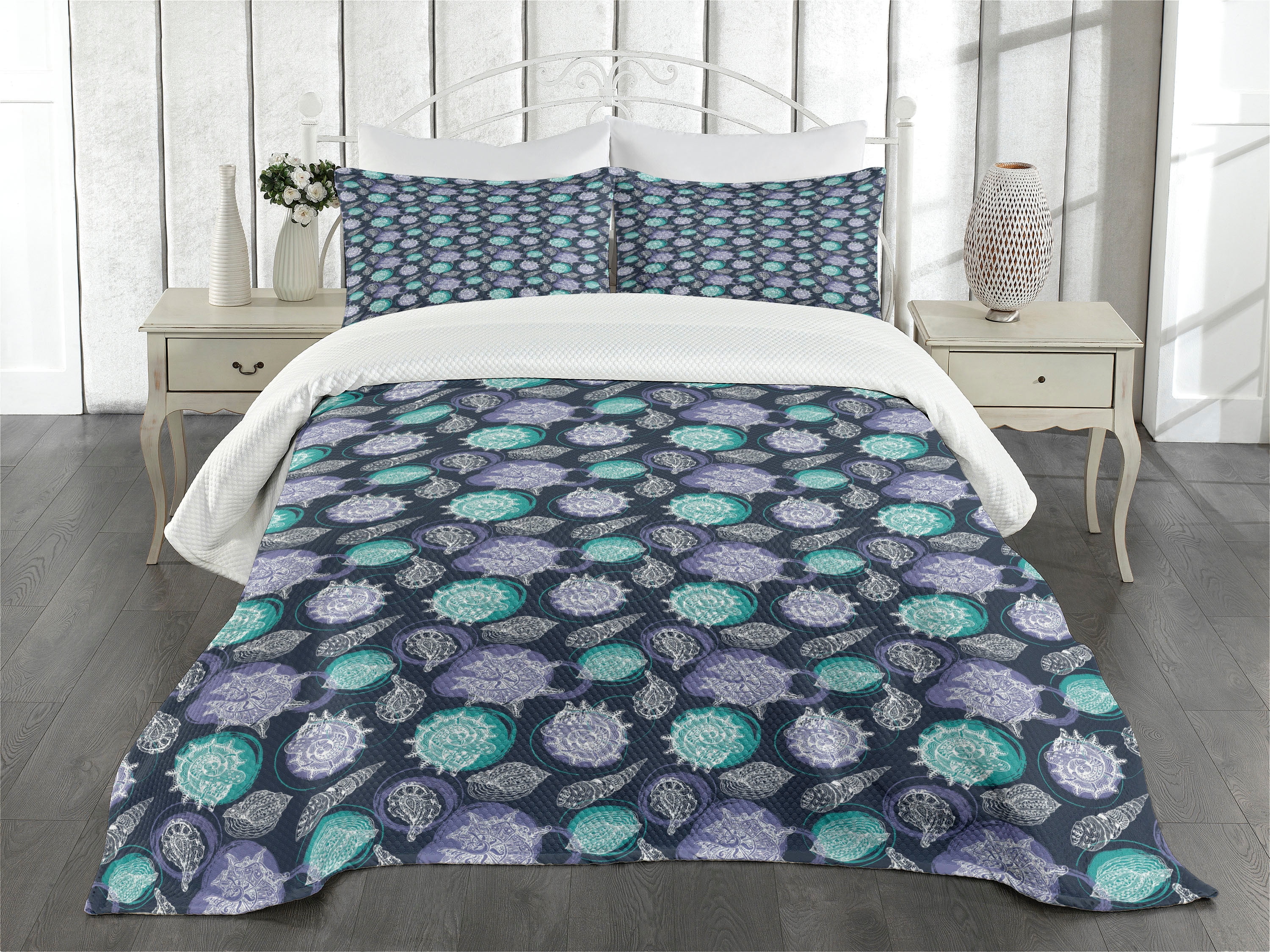 Nautical Bedspread Set Queen Size, Ocean Theme Seashells Scallop Summer