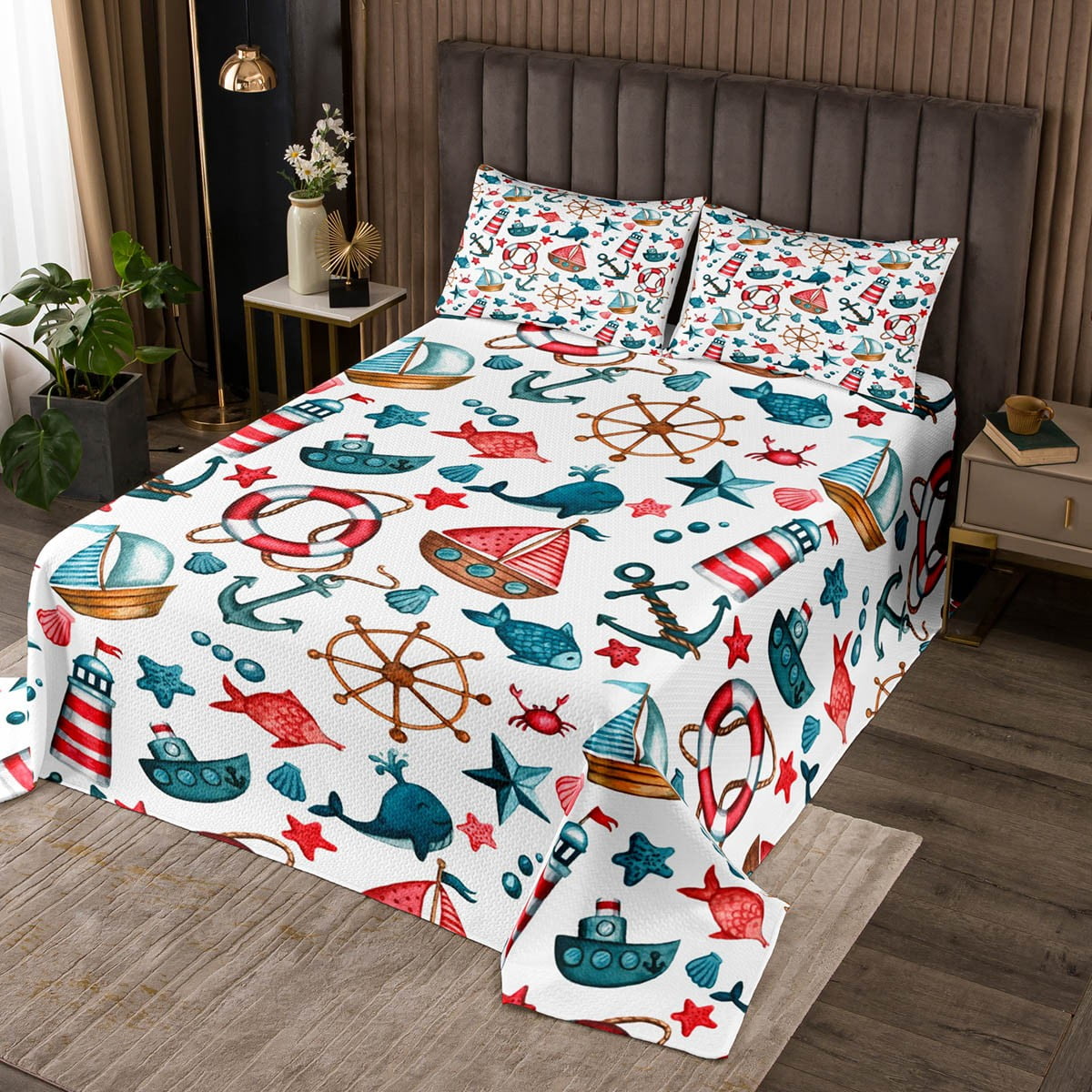 Nautical Bedspread Set Retro Sailboat Coverlet Set Boat Anchor Quilt