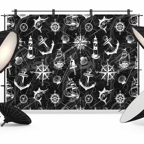 Nautical Black Backdrop for Photoshoot,Photography Photo Studio Background Wall Backdrop,Retro Sailing Boat Map Anchor Rudder Back Drop Banner Panel for Portraits Wedding Party Live Streaming 10x8Ft