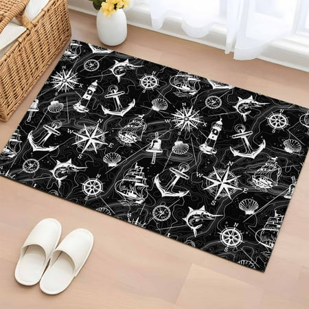 Nautical Black Bathroom Rug Washable 2x3 Entryway Rug Non Slip Retro Sailing Boat Map Anchor Rudder Front Door Mat Low Pile Indoor Doormat Throw Floor Carpet for Kitchen Bedroom Entrance