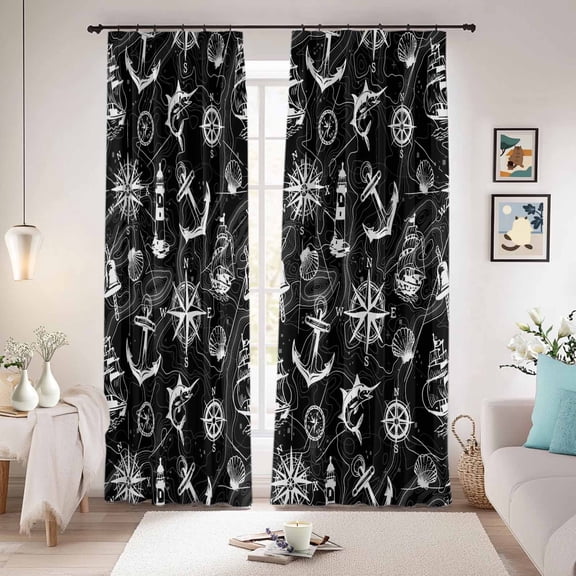 Nautical Black Blackout Curtains for Bedroom/Living Room, Pinch Pleated Black Out Curtains, Retro Sailing Boat Map Anchor Rudder Room Darkening Window Drapes with Hooks 2 Panels, 59"x70"