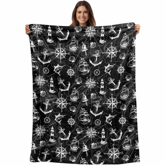 Nautical Black Blanket Soft Cozy Warm Throw Blanket for Couch, Plush Fuzzy Flannel Fleece Blankets for Sofa, Retro Sailing Boat Map Anchor Rudder Bed Blankets Lightweight Gifts for Women, 30"x40"
