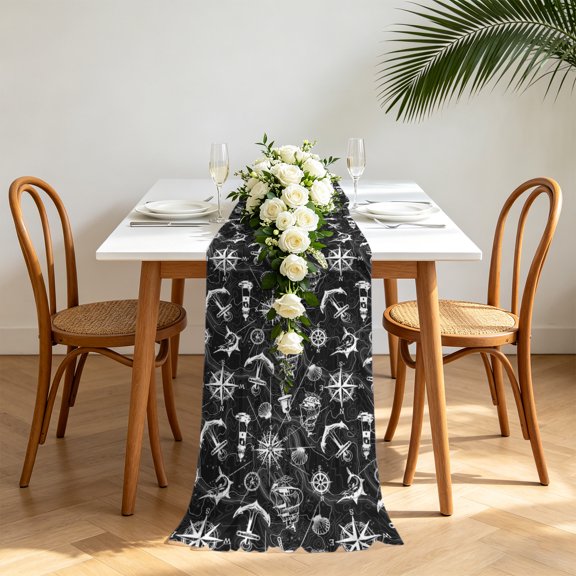 Nautical Black Chiffon Wedding Table Runner 55 Inches Long, Retro Sailing Boat Map Anchor Rudder Voile Sheer Tulle Runner for Rustic Reception Bridal Shower Decorations Birthday Party