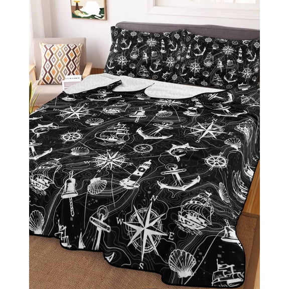 Nautical Black Full Size Down Alternative Comforter, Lightweight Comforter Quilt Bedding Set with Pillow Shams Retro Sailing Boat Map Anchor Rudder All Seasons Bed Comforter Duvet Insert 78"x90"
