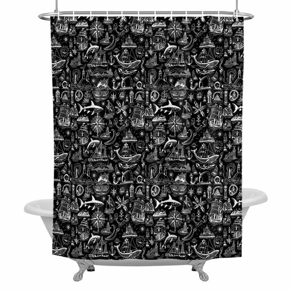 Nautical Black Shower Curtain, Anchor Rudder Compass Sailing Boat Waterproof Fabric Bathroom Shower Curtains Set with Hooks, 72 X 72 Inch Long