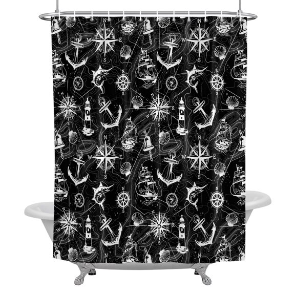 Nautical Black Shower Curtain, Retro Sailing Boat Map Anchor Rudder Waterproof Fabric Bathroom Shower Curtains Set with Hooks, 72 X 72 Inch Long