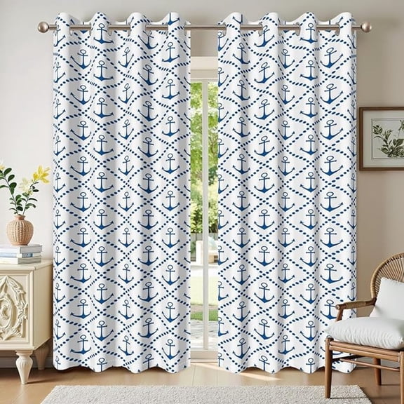 Nautical Blackout Thermal Insulated Grommet Blue White Curtains Anchor Printed Window Treatments For Living Room Kids Bedroom Decoration 26"W x 45"L (Pack of 2)