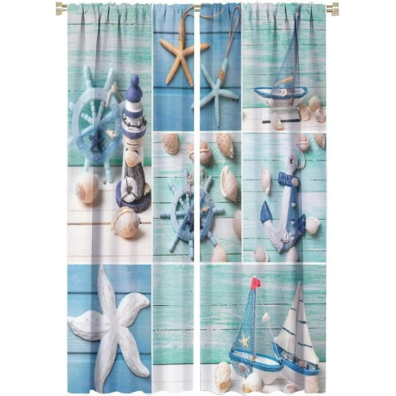 Nautical Blackout Windows Curtains, Lighthouse Anchor Rudder Theme Starfish Shell Conch Pattern Rod Pocket Curtains, for Living Room Bedroom 21(W)*63(L) 2 Panels