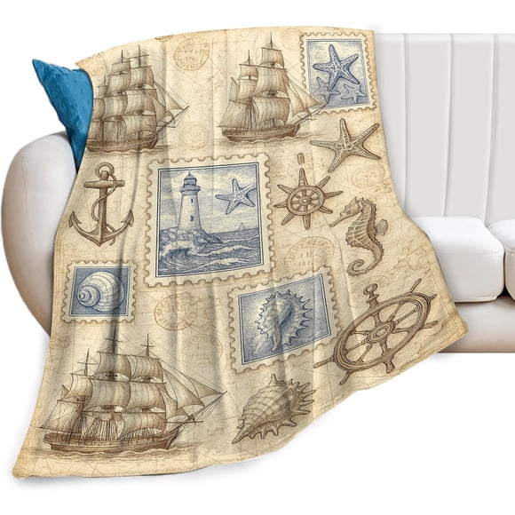 Nautical Blanket Navigation Sailboat Throw Blanket Soft Warm Cozy Fleece Fuzzy Plush Vintage Nautical Flannel Blankets Gifts for Girls Women Boys Kids Adults 40"X50"