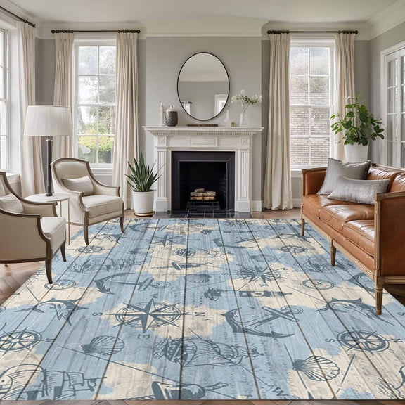 Nautical Blue 6'x9' Area Rug for Living Room, Sailing Anchor Compass Lighthouse Fish Non-Slip Floor Mat Rugs for Bedroom Dining Room, Indoor Large Carpet for Classroom, Nursery Rugs for Playroom