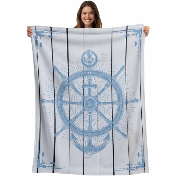 Nautical Blue Anchor Blanket Soft Cozy Warm Throw Blanket for Couch, Plush Fuzzy Flannel Blankets for Sofa, Coastal Ocean Sea Grey Wooden Grain Bed Blankets Lightweight Gifts for Women, 30"x40"