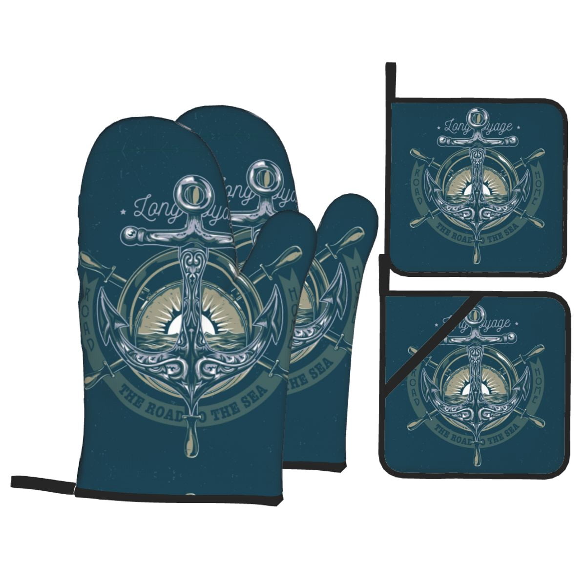 Nautical Blue Anchors With Stripes Oven Mitts and Pot Holders Set for Baking Heat Resistant