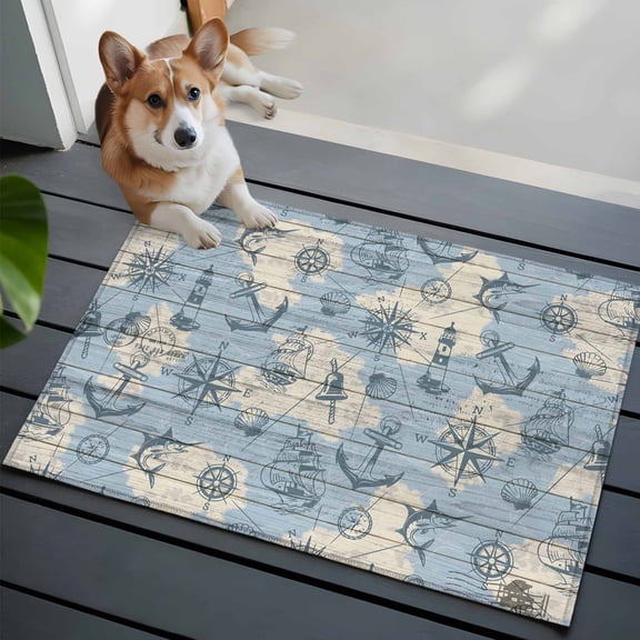 Nautical Blue Bathroom Mat 2x3 FT, Non Slip Small Kitchen Mat, Sailing Anchor Compass Lighthouse Fish Washable Soft Backed Front Door Throw Rug Non-Shedding Indoor Outdoor Doormat for Entryway Sink