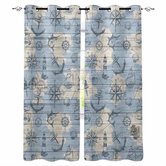 Nautical Blue Blackout Curtains 39 Inches Long for Bedroom, Sailing Anchor Compass Lighthouse Fish Thermal Insulated Room Darkening Black Out Window Curtain Panels Grommet Drapes for Living Room