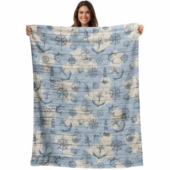 Nautical Blue Blanket Soft Cozy Warm Throw Blanket for Couch, Plush Fuzzy Flannel Fleece Blankets for Sofa, Sailing Anchor Compass Lighthouse Fish Bed Blankets Lightweight Gifts for Women, 30"x40"