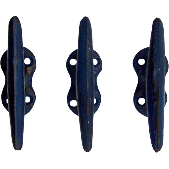 Nautical Blue Cast Iron Boat Cleat Wall Hooks, 3.5 Inches, Set of 3