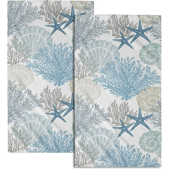Nautical Blue Coral Hand Towels for Bathroom Set of 2 Sea Coral Kitchen Towels Decorative Soft Absorbent Ocean Theme Hand Bath Towels Summer Fingertip Towel for Shower Face Spa 14"x28"