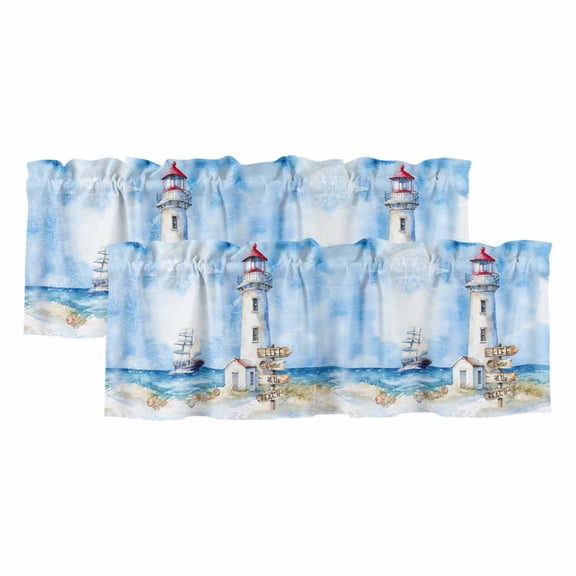 Nautical Blue Curtain Valances for Windows, Kitchen Valance Window Treatments Panel 2 Pack, Lighthouse Ocean Sailboat Summer Painting Rod Pocket Short Curtains for Bathroom Bedroom 42 x 12 Inch