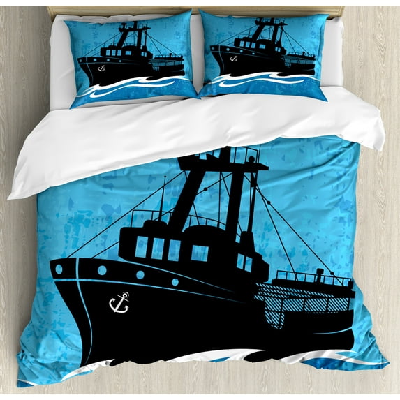 Nautical Blue Duvet Cover Set, Fishing Boat on Wavy Sea with Grunge Sky, Decorative 3 Piece Bedding Set with 2 Pillow Shams, King Size, Sky Blue Grey, by Ambesonne